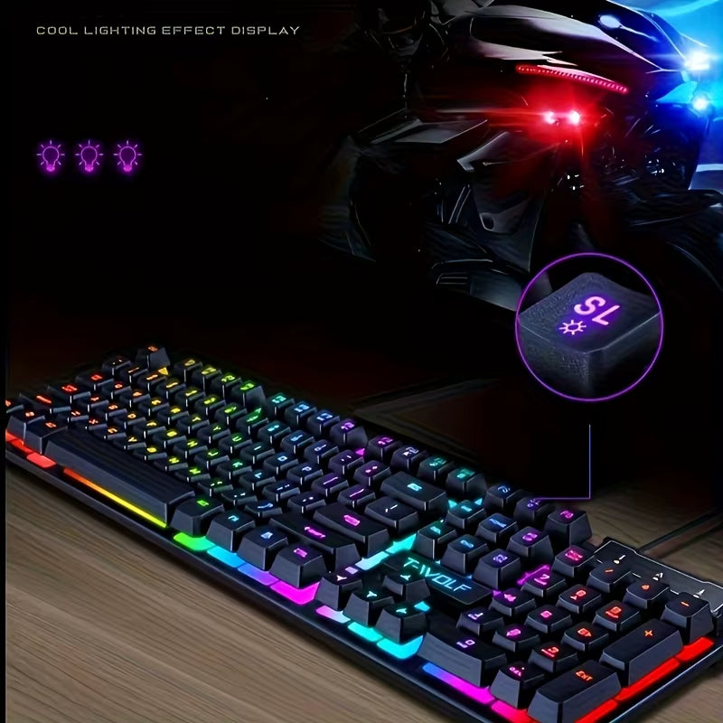 T-WOLF Thunder Wolf LED Mechanical-Feel Wired T20 USB Keyboard for PC Office and Gaming, with Colorful Backlit Buttons