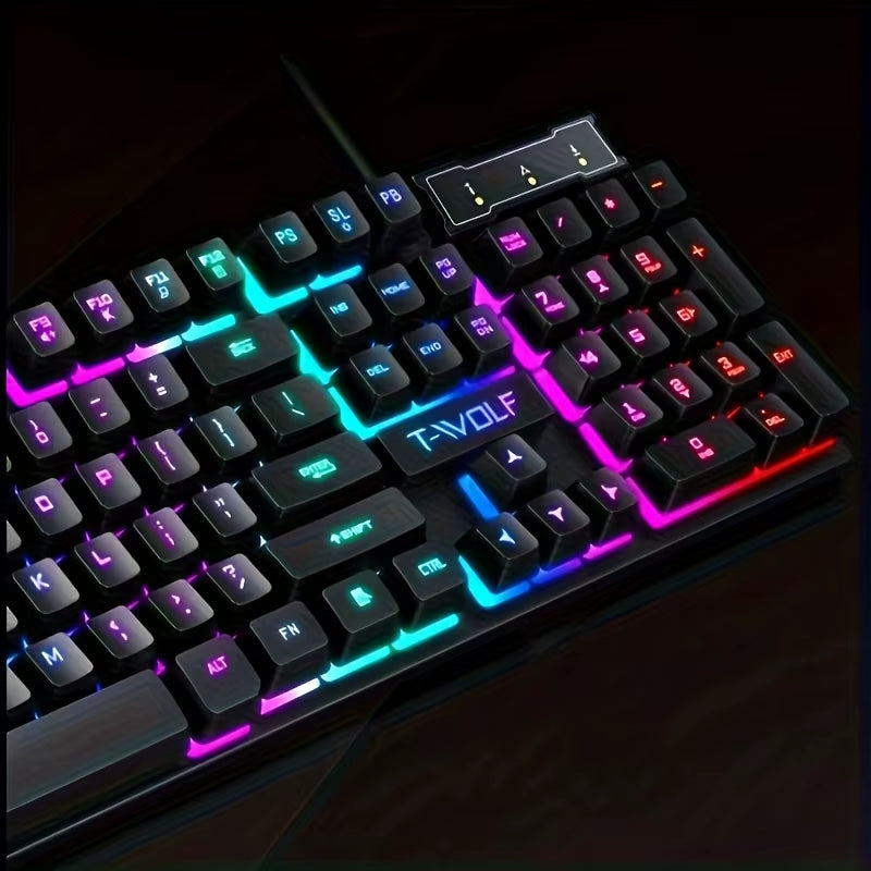 T-WOLF Thunder Wolf LED Mechanical-Feel Wired T20 USB Keyboard for PC Office and Gaming, with Colorful Backlit Buttons