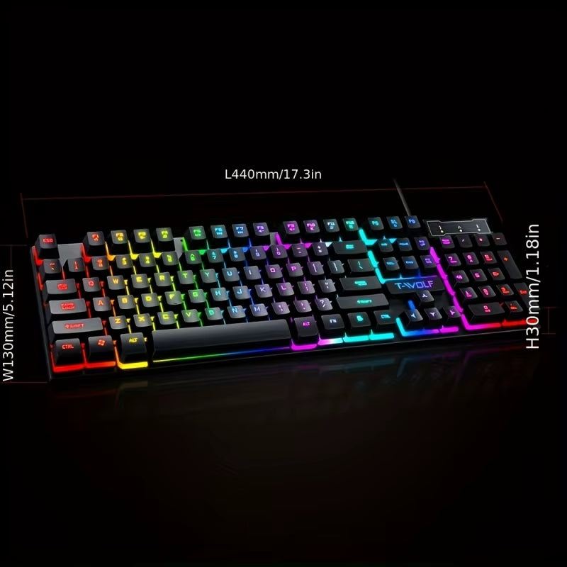 T-WOLF Thunder Wolf LED Mechanical-Feel Wired T20 USB Keyboard for PC Office and Gaming, with Colorful Backlit Buttons