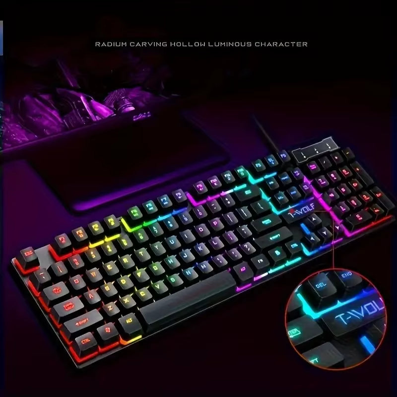 T-WOLF Thunder Wolf LED Mechanical-Feel Wired T20 USB Keyboard for PC Office and Gaming, with Colorful Backlit Buttons